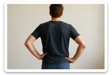 Rakurs orqadan oldiga qarab turgan inson qo'lini beliga qo'yib turgan sticker