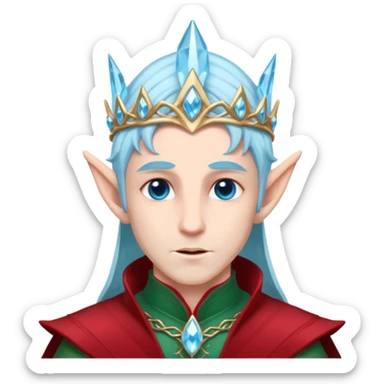 Fantasy elf portrait emoji, icy blue crystal crown with deep red accents, elegant elven features, cold noble winter expression, ice and crimson color palette, minimal clean design, flat readable emoji style, male variant sticker