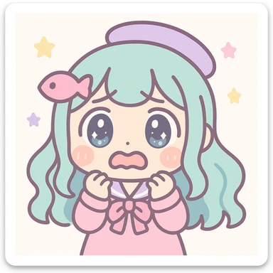 Sameko Saba, a vtuber character, looking very scared, kawaii style sticker