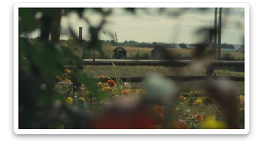 A portrait of a person in the foreground, blurred plants in the foreground (frame within a frame), a wooden fence and colorfull flowers in the midground, Poland, rolling hills in the background, cinematic depth of field, layered composition, natural lighting sticker
