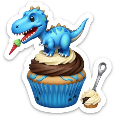 A cupcake having blue and black icing and a dinosaur as a decoration and ice cream next to it sticker