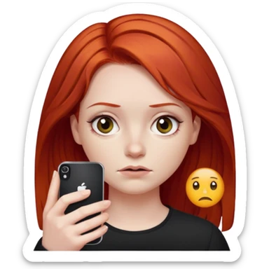 Una chica pelo rojo que está con OJERAS dije que se note y los ojos así 😒color de piel blanca y tiene en su mano un iPhone 16 de 2024 sticker