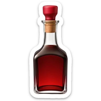 balsamic vinegar bottle, elegant glass, dark brown to ruby, round or square base, slender neck, cork or metallic cap, dark glass, reflections, 3D clean style, transparent background, optimized for emoji size sticker