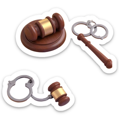 realistic 3D icon of a court document (arrest warrant) with large letters at the top saying 'WARRANT', body text, a signature and official stamp at the bottom, accompanied by a brown wooden gavel and a pair of metal handcuffs, brightly lit, isolated sticker