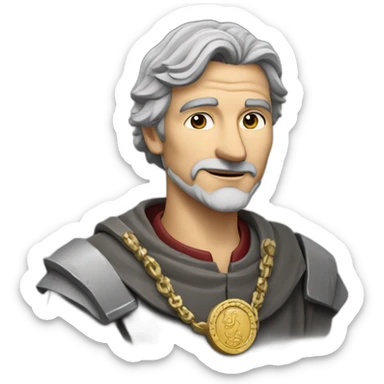 medieval coin engravers guild leader, 50 years old, grey hair, bust, has a necklace with a coin, has a coin in one hand sticker