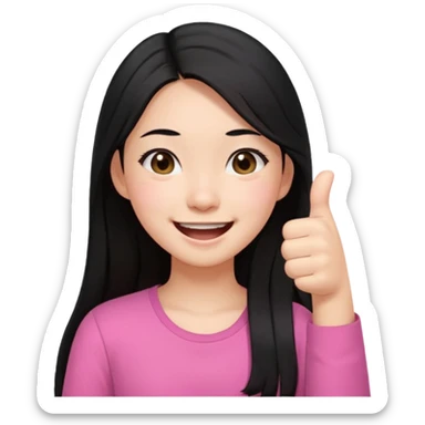 a girl genuinely feeling happy so so so much laughing so hard with her eyes folded long black hair asian girl on a pink shirt with her thumb up sticker