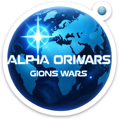 The image is a sci-fi poster with glowing blue text that reads “ALPHA ORIONIS WARS.” A bright blue planet or star glows at the bottom, and the word “STARBLAST” appears below. The design has a futuristic, space-themed look. sticker
