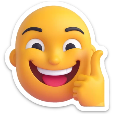 A smug-looking emoji with a wide, crooked grin and half-closed eyes, giving a cocky vibe, whilst mewing with his white hand pointing at his sharp jawline, showcasing a "sigma" look. sticker