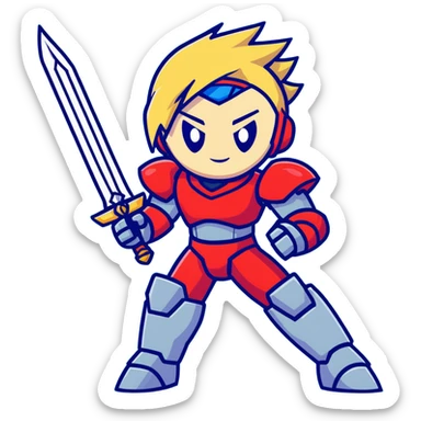 Megaman Zero robot with red armor, blonde hair, and Z-saber sword sticker