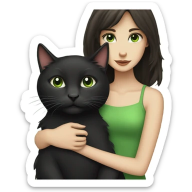 Girl with dark brown hair and fair skin hugging a black medium haired cat with green eyes sticker