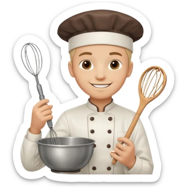 Male Young Pastry Chef – smiling, holding whisk and mixing bowl. sticker