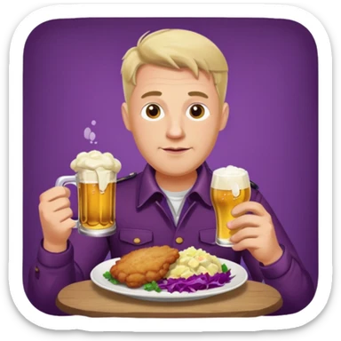 German man eating schnitzel, potato salad, red cabbage, sauerkraut, and beer sticker