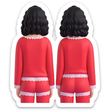 Girl from behind, wearing a red pajama with black and white lace, with curly black hair sticker