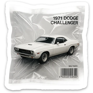 white 1971 Dodge Challenger, glossy, inspired by 'Death Proof' film sticker