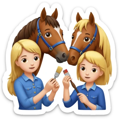 two children grooming a horse] sticker
