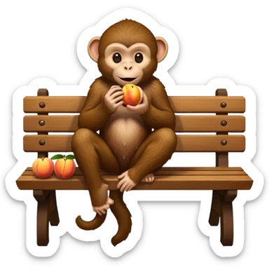 monkey(full body) sitting on a bench and eating peach and chocolate sticker