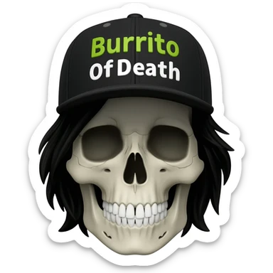 Create a skeleton head wearing a black baseball cap that says " Burrito Of Death " in green, and white lettering, with black hair sticker
