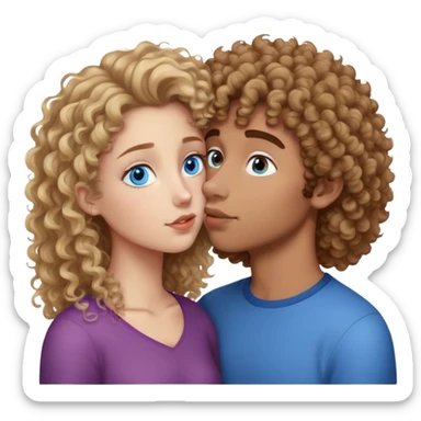 A blond curly girl with blue eyes kissing a a brown-haired, with frizzy hair, mixed-race man with brown eyes. They are teenagers (17 years old) and they love eachother so much  sticker