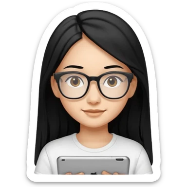 Long black hair girl in a white T-shirt and black square glasses slightly smiling studying with an Ipad. sticker