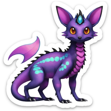 Rare epic aesthetic iridescent spooky gloomy colorful Salandit-Noibat-Eevee-Genet-species-Fakemon-hybrid-creature, with markings, full body sticker