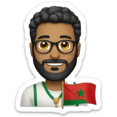 Black hair and beard white man with glasses holding Moroccan flag sticker