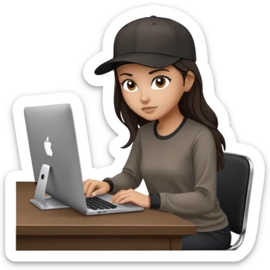 A professional 3D avatar of a young woman with olive skin and long, dark brown hair, wearing a dark, long-sleeved dark taupe shirt and a black baseball cap. She's sitting at a sleek wooden desk, typing on a silver MacBook. sticker