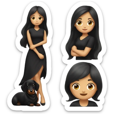 an Asian girl with long hair, wear black dress, hugging long haired dachshund sticker