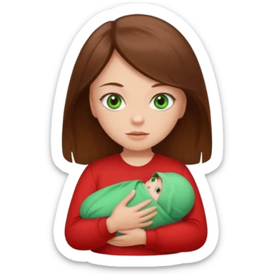 a girl with brown strait hair and has baby green eyes has a red t-shirt no baby sticker