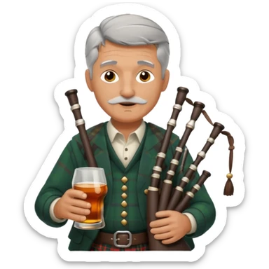 Gray haired man playing bagpipes while drinking whiskey  sticker