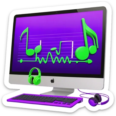 Create a creative and inspiring emoji that represents writing music tracks. The design should feature musical notes, a pen or pencil, and a digital audio workstation (DAW) interface or a computer screen with a visible waveform, symbolizing the process of composing and arranging a track. Add elements like a metronome or a pair of headphones to reflect the recording and editing aspects. Use vibrant colors like electric blue, purple, or neon green to represent creativity and innovation in music production. The background should be transparent. sticker