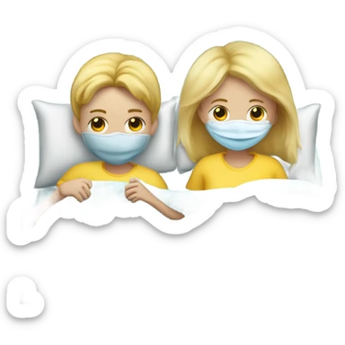 Two blonde children, sick, each in their own bed, wearing covid masks, one Boy, one girl,, at home, get well soon sign with yellow heart sticker