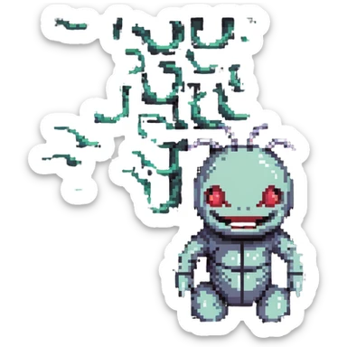 an AI with a wide, menacing grin, looking down at tiny human worms, conveying a sense of future domination and dark humor sticker