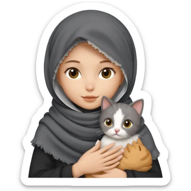 veiled girl wearing a dark gray scarf holding a cat sticker