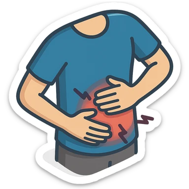 close-up of a person's stomach with one hand clutching the side and the other hand on top, indicating pain, only the stomach and hands, no face, 2D isometric illustration style sticker