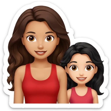 generate a pretty tan bratz girl with brown wavy hair long wearing a red tank top talking to a girl with black hair sticker