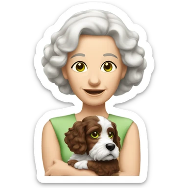 Green eyed old brunette lady with brown and white Cockapoo puppy dog sticker