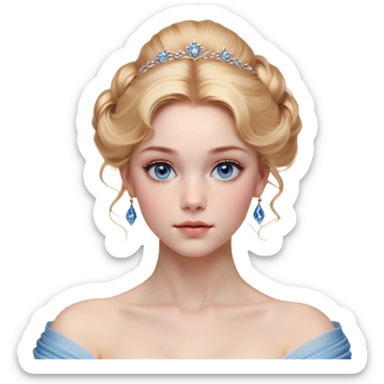Cinematic Realistic Cinderella Portrait, depicted with lifelike skin texture, subtle rosy undertones, and soft natural lighting that enhances the gentle contours of her face. Her intricately detailed golden blonde hair is elegantly styled in an updo, with delicate wisps framing her face for added realism. Her deep, expressive blue eyes radiate warmth and sincerity, reflecting a quiet resilience and grace. She is dressed in her iconic ball gown, the fabric shimmering with intricate embroidery and fine translucent layers that catch the light beautifully. The soft sheen of satin gloves and the delicate sparkle of a glass-like slipper peeking from beneath her dress add a touch of magical realism. The portrait features an enchanting glow with a natural, luminous finish, seamlessly blending realism and fairytale charm to evoke a sense of depth, elegance, and timeless beauty. sticker