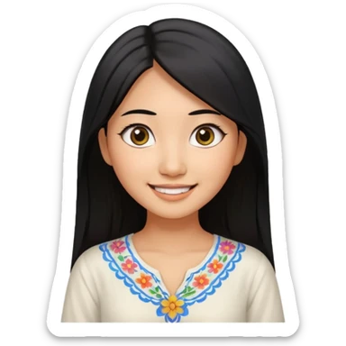 30 yr old asian woman center parted hair big eyes big smile tanned skin straight black hair hippie part hair white blouse sticker