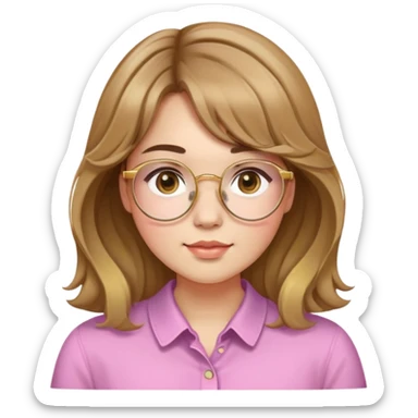 young adult woman with light skin, round face, prominent cheeks, medium plump body, long light brown hair with golden highlights, voluminous and wavy, long bangs over eyebrows, large octagonal glasses with thin golden or light pink frame, casual dark shirt sticker