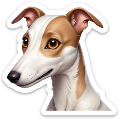 Cinematic Cute White and Brown Greyhound Portrait Emoji, Head tilted playfully and inquisitively, featuring a smooth white Fur with vibrant brown accents and round, sparkling eyes filled with curiosity, Simplified yet irresistibly adorable features, highly detailed, glowing with a warm, friendly glow, high shine, affectionate and nimble, stylized with a touch of whimsy, bright and endearing, soft glowing outline, capturing the essence of a mischievous yet loving racer, so playful it feels like it could sprint out of the screen and into your arms! sticker