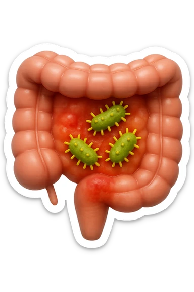 emoji stile iphone in 3d di intestino realistico con infezione e batteri dentro, iperrealistico 4k sticker