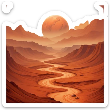 Cinematic Realistic Mars, portrayed with rugged, rust-colored landscapes, deep canyons, and swirling dust storms rendered with lifelike texture and an orange-hued glow that evokes the enigmatic allure of the Red Planet. sticker