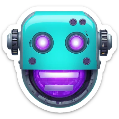Smily face robotic scanning device, cyberpunk, cyan and purple colors, friendly, futuristic, binary code sticker