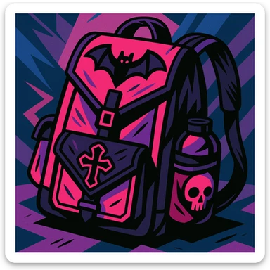 pink and black gothic backpack, bold colors, dynamic shading, energetic, gothic motifs sticker