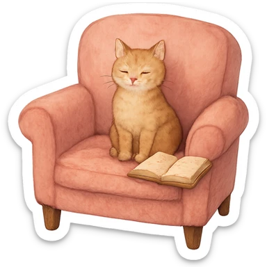 pink armchair with a cat and a book, warm and inviting sticker