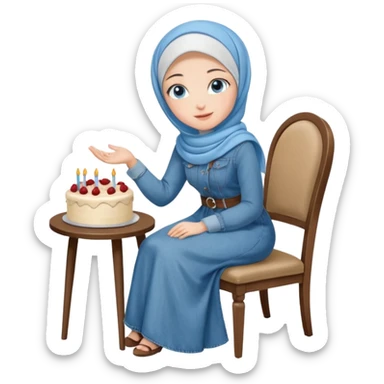 Turkish beautiful finish Konya girl blue eyes with denim hijab long tail dress and sits on the chair and holds cake with her hand  sticker