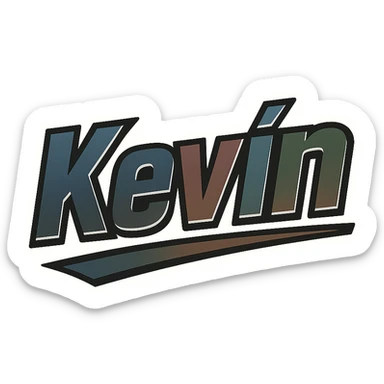 Text image of the name 'Kevin' in a masculine, modern, gradient font with accurate Hungarian characters, dark contour, prominent and clearly visible white border as in sample images, dynamic slanted underline, masculine color shades including blue, gray, burgundy, green, and brown, 1000x1000 px, PNG, transparent background. sticker