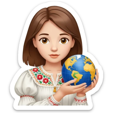 Beautiful young girl with brown hair wearing a white Ukrainian embroidered shirt holding a globe in her hand sticker