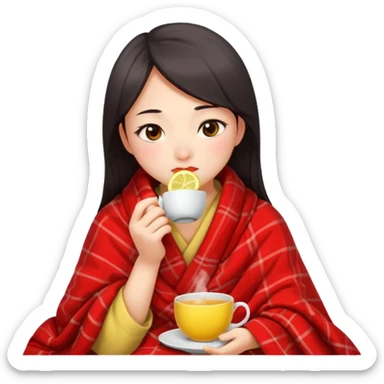 cute and sexy chinese girl, feeling sick up, nose and cheecks red by blush, covered by blanket, drinking tea with lemon sticker