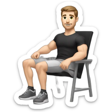 Pale skinned Fit Man With the biceps and dark brown hair in black shirt, gray sports shorts and white Sneakers Sitting on a chair sticker